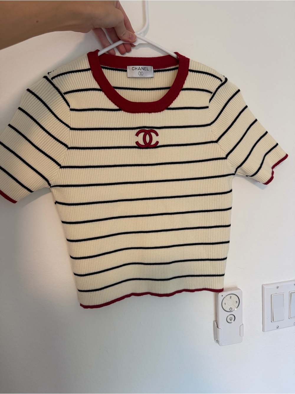 Cream & Black Striped Short Sleeve Knit Top with Red Trim